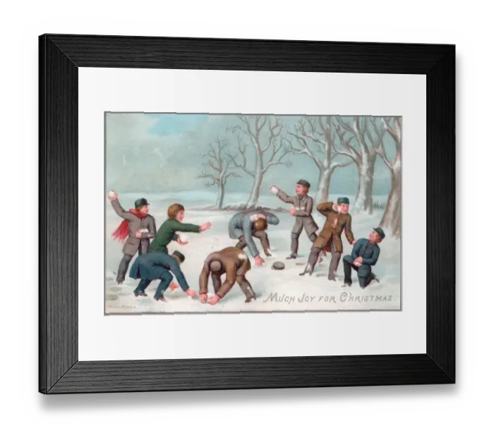 Framed Print : Eight boys snowballing on a Christmas card Framed Print : Eight boys snowballing on a Christmas card