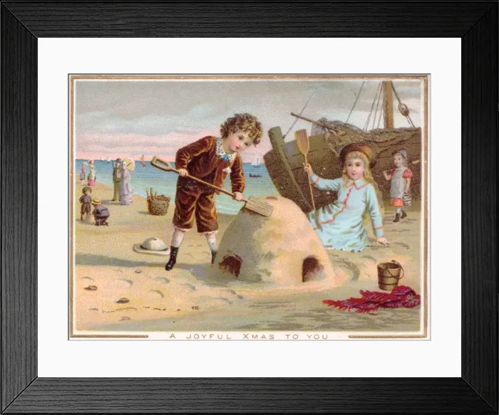 Framed Print : Children at the seaside on a Christmas card Framed Print : Children at the seaside on a Christmas card