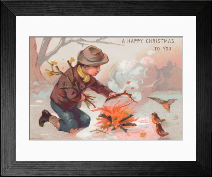 Framed Print : Little boy making fire on a Christmas card Framed Print : Little boy making fire on a Christmas card