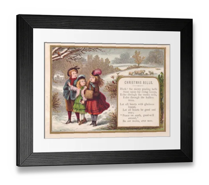 Framed Print : Boy and two girls in the snow on a Christmas card Framed Print : Boy and two girls in the snow on a Christmas card