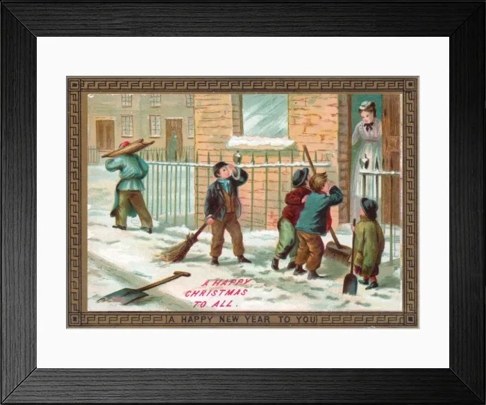 Framed Print : Boys clearing snow on a Christmas card Framed Print : Boys clearing snow on a Christmas card
