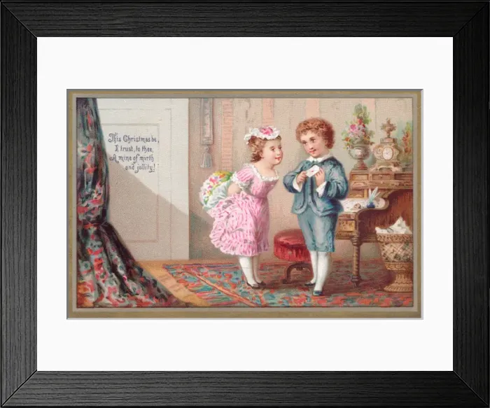 Framed Print : Boy and girl with flowers and card on a Christmas card Framed Print : Boy and girl with flowers and card on a Christmas card