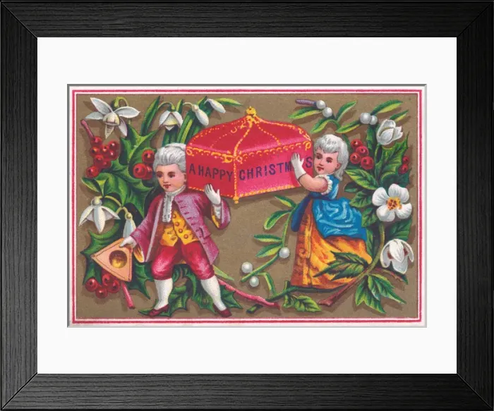 Framed Print : Boy and girl in historical costume on a Christmas card Framed Print : Boy and girl in historical costume on a Christmas card