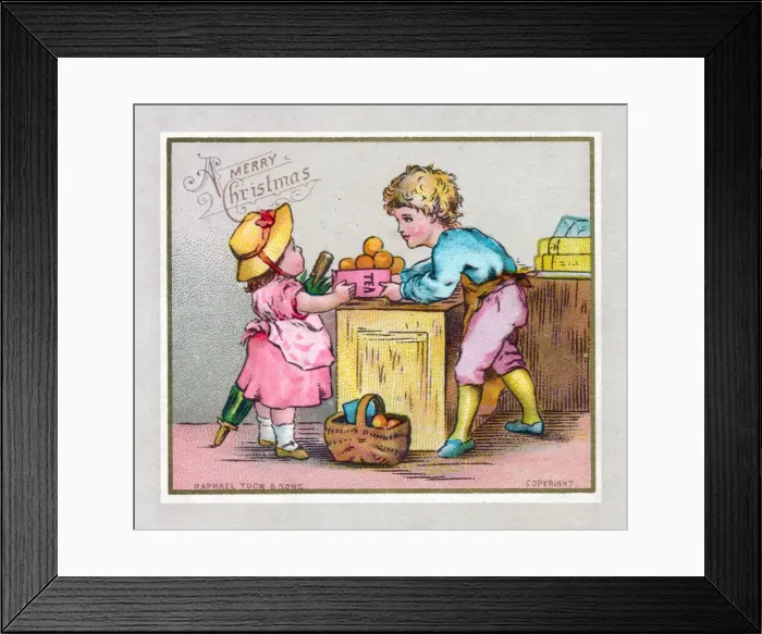Framed Print : Boy and girl in a shop on a Christmas card Framed Print : Boy and girl in a shop on a Christmas card