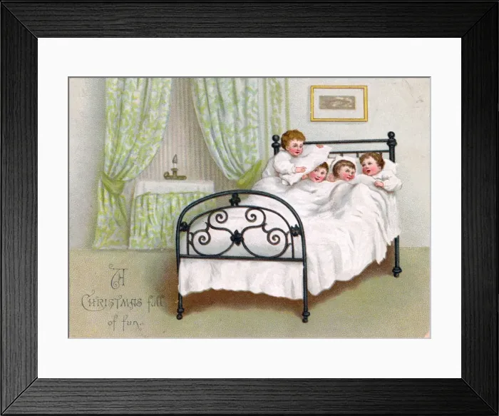 Framed Print : Four boys in bed on a Christmas card Framed Print : Four boys in bed on a Christmas card