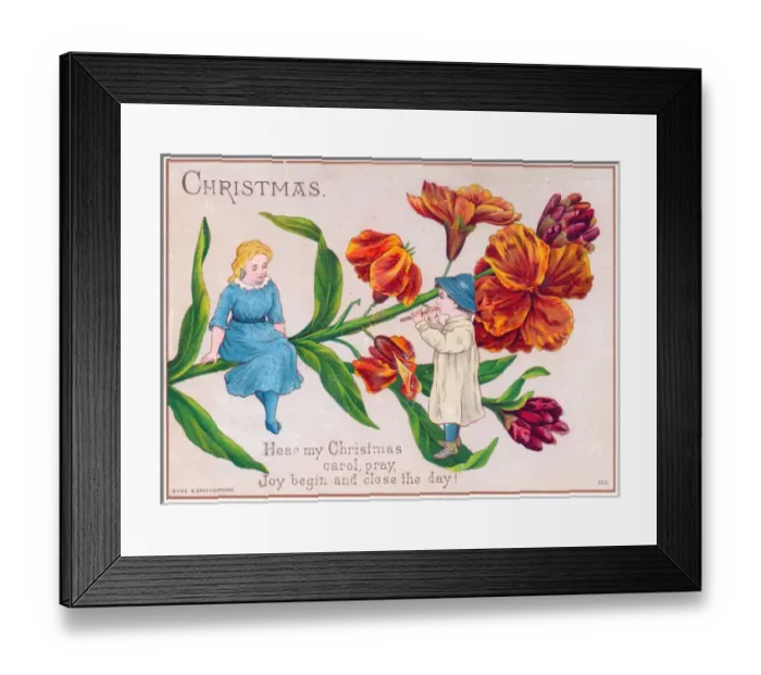 Framed Print : Girl and boy with large flower on a Christmas card Framed Print : Girl and boy with large flower on a Christmas card