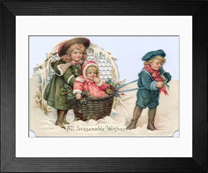 Framed Print : Boy and two girls in the snow on a cutout Christmas card Framed Print : Boy and two girls in the snow on a cutout Christmas card