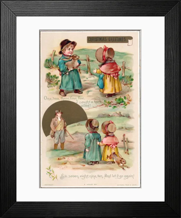 Framed Print : Children with nursery rhyme scenes on a Christmas card Framed Print : Children with nursery rhyme scenes on a Christmas card