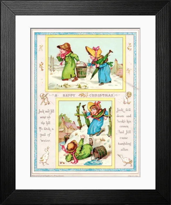Framed Print : Children with nursery rhyme scenes on a Christmas card Framed Print : Children with nursery rhyme scenes on a Christmas card
