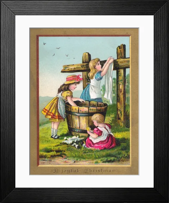 Framed Print : Three girls doing the laundry on a Christmas card Framed Print : Three girls doing the laundry on a Christmas card