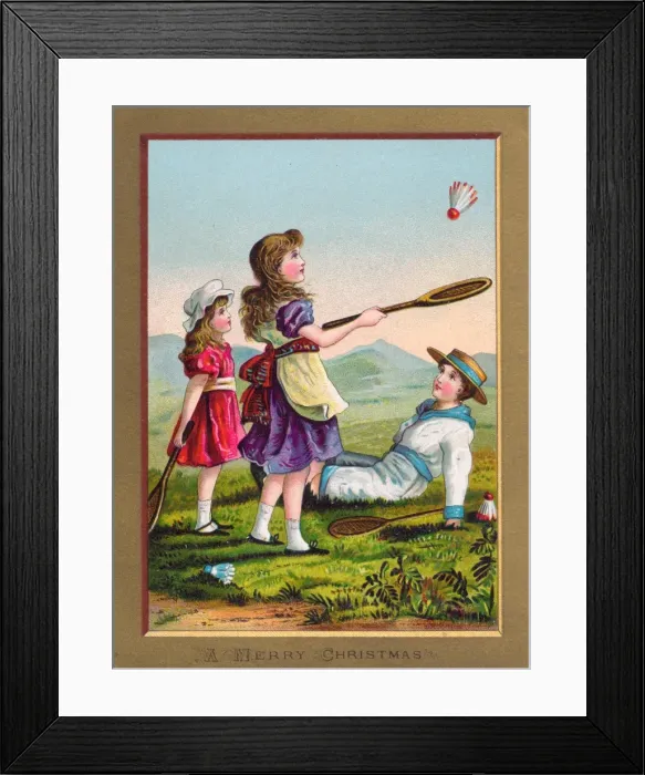 Framed Print : Three children playing shuttlecock on a Christmas card Framed Print : Three children playing shuttlecock on a Christmas card
