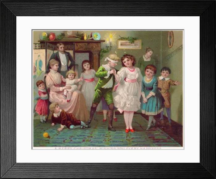 Framed Print : Family playing blind mans buff on a Christmas card Framed Print : Family playing blind mans buff on a Christmas card