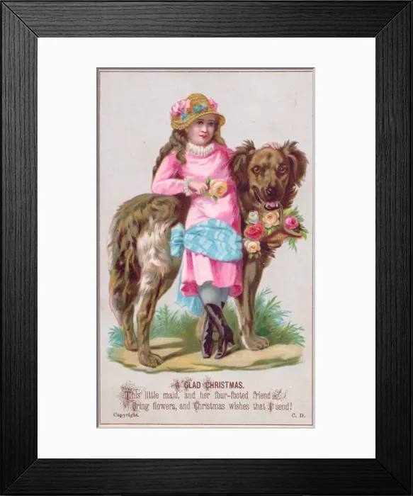 Framed Print : Girl and large dog with flowers on a Christmas card Framed Print : Girl and large dog with flowers on a Christmas card