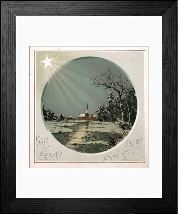 Framed Print : Starlit snow scene with church on a Christmas card Framed Print : Starlit snow scene with church on a Christmas card