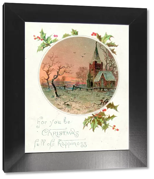 Snow scene with church and holly on a Christmas card
