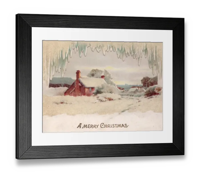 Framed Print : Snow scene with cottage on a Christmas card Framed Print : Snow scene with cottage on a Christmas card
