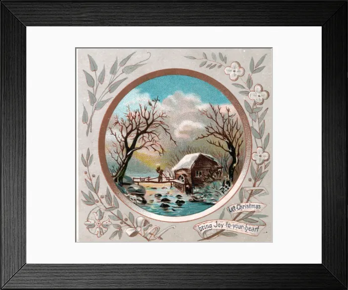 Framed Print : Snow scene with cottage and bridge on a Christmas card Framed Print : Snow scene with cottage and bridge on a Christmas card