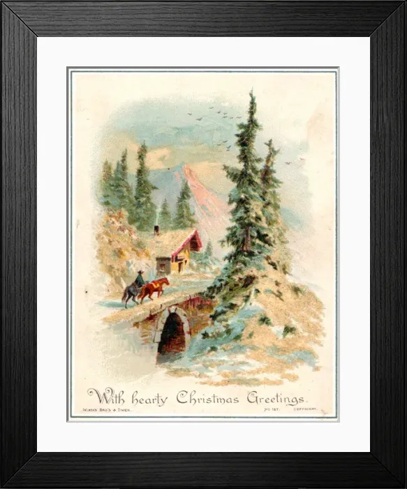 Framed Print : Snow scene with cottage and bridge on a Christmas card Framed Print : Snow scene with cottage and bridge on a Christmas card