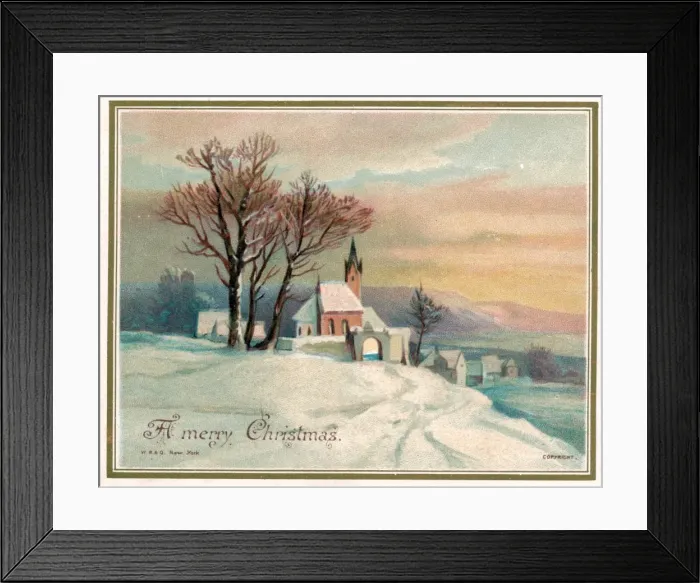 Framed Print : Rural snow scene with church on a Christmas card Framed Print : Rural snow scene with church on a Christmas card