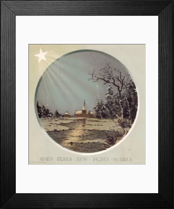 Framed Print : Starlit snow scene with church on a New Year card Framed Print : Starlit snow scene with church on a New Year card