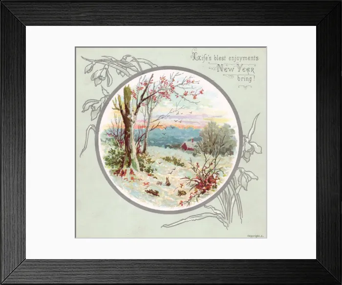 Framed Print : Rural snow scene on a New Year card Framed Print : Rural snow scene on a New Year card