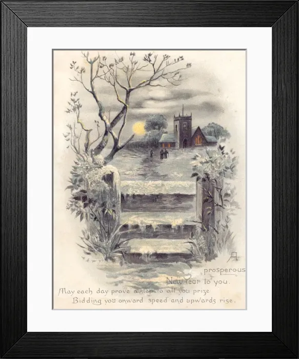 Framed Print : Rural snow scene with church on a New Year card Framed Print : Rural snow scene with church on a New Year card