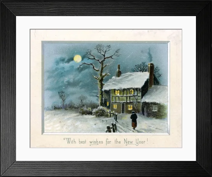 Framed Print : Rural snow scene with cottage on a New Year card Framed Print : Rural snow scene with cottage on a New Year card