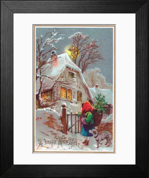 Framed Print : Rural snow scene with cottage on a New Year card Framed Print : Rural snow scene with cottage on a New Year card