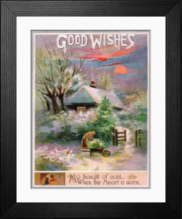 Framed Print : Rural snow scene with cottage on a Good Wishes card Framed Print : Rural snow scene with cottage on a Good Wishes card