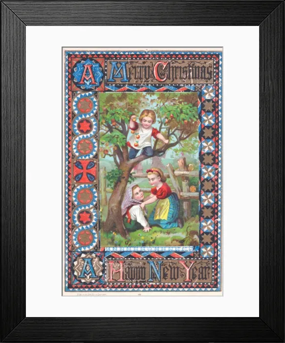 Framed Print : Three children in an orchard on a Christmas card Framed Print : Three children in an orchard on a Christmas card