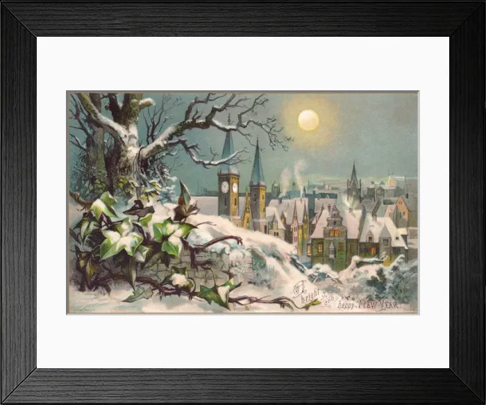 Framed Print : Snow scene in a moonlit town on a New Year card Framed Print : Snow scene in a moonlit town on a New Year card