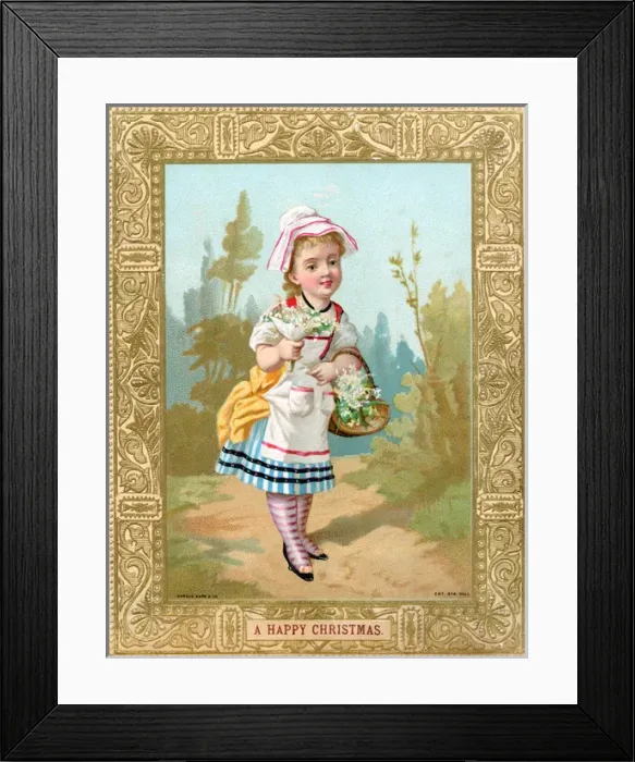 Framed Print : Little girl in a garden with flowers on a Christmas card