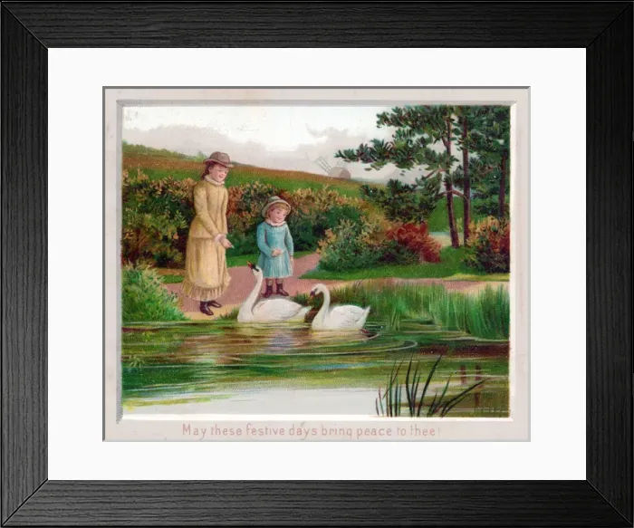 Framed Print : Two girls and two swans on a Christmas card Framed Print : Two girls and two swans on a Christmas card