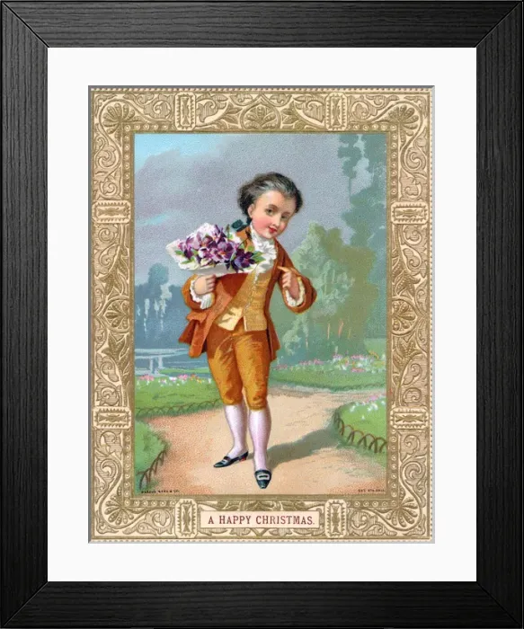 Framed Print : Little boy in a garden with flowers on a Christmas card Framed Print : Little boy in a garden with flowers on a Christmas card