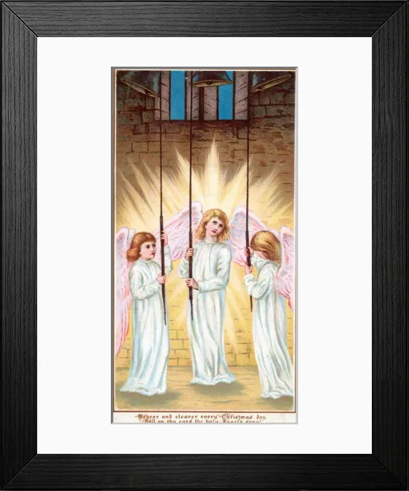 Framed Print : Three angels ringing bells on a Christmas card Framed Print : Three angels ringing bells on a Christmas card