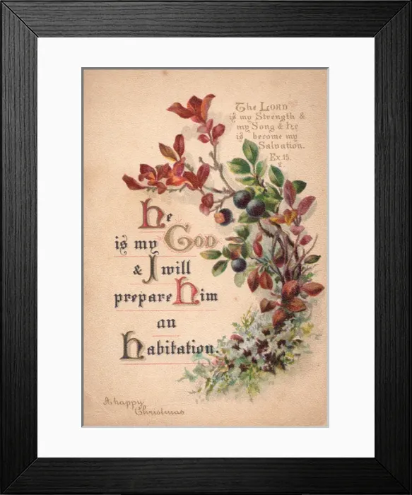 Framed Print : Foliage and religious texts on a Christmas card Framed Print : Foliage and religious texts on a Christmas card