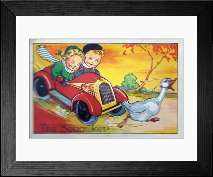Framed Print : Children in car chasing goose on an audible greetings card Framed Print : Children in car chasing goose on an audible greetings card