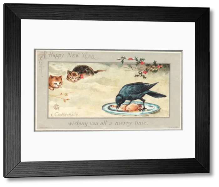 Framed Print : Two cats watching a bird on a New Year card Framed Print : Two cats watching a bird on a New Year card