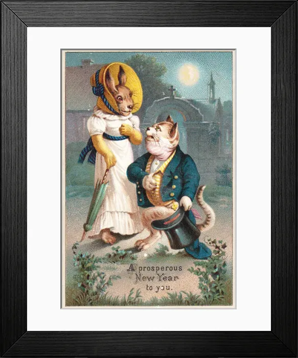 Framed Print : Cat and hare in moonlight on a New Year card Framed Print : Cat and hare in moonlight on a New Year card