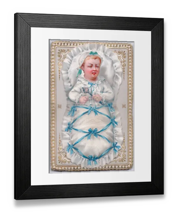 Framed Print : Baby in a cot on an audible greetings card Framed Print : Baby in a cot on an audible greetings card