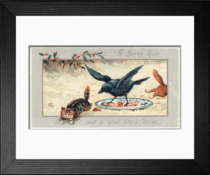 Framed Print : Two cats running from a bird on a New Year card Framed Print : Two cats running from a bird on a New Year card