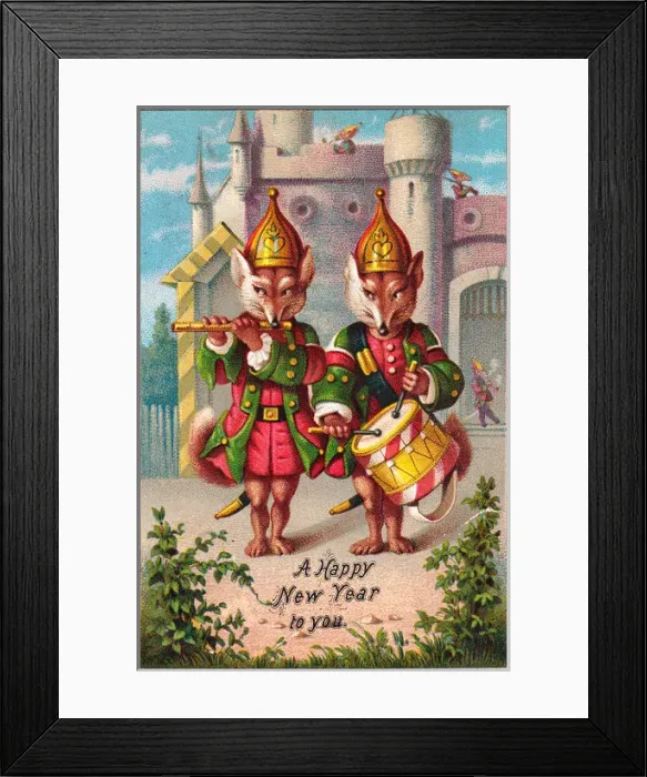 Framed Print : Two uniformed foxes on a New Year card Framed Print : Two uniformed foxes on a New Year card