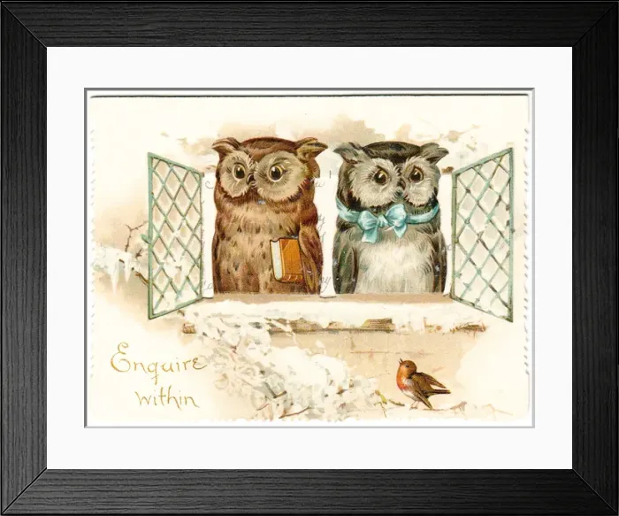Framed Print : Two owls on a Christmas card Framed Print : Two owls on a Christmas card