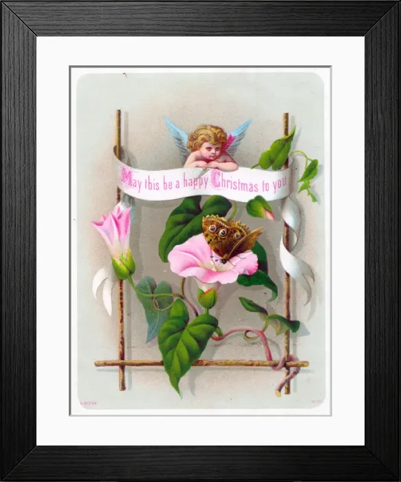 Framed Print : Cupid, butterfly and flowers on a Christmas card Framed Print : Cupid, butterfly and flowers on a Christmas card