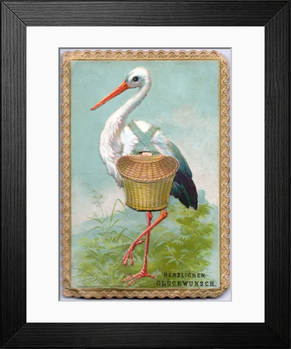 Framed Print : Stork with basket on an audible good luck card Framed Print : Stork with basket on an audible good luck card