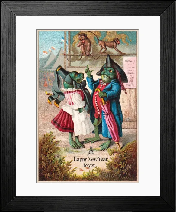 Framed Print : Humanised frog couple on a New Year card Framed Print : Humanised frog couple on a New Year card