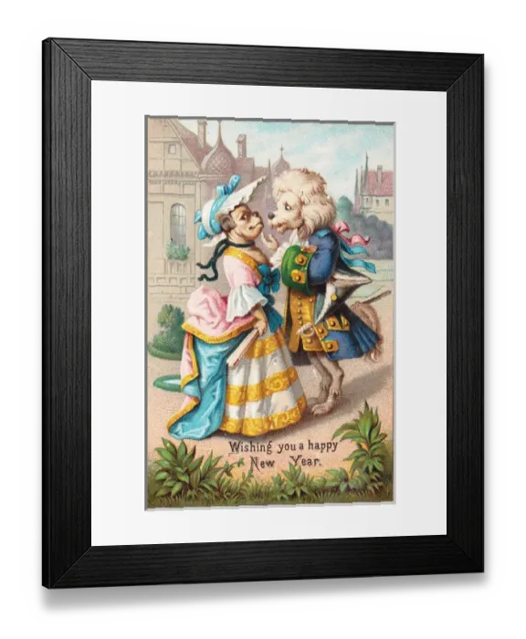 Framed Print : Two humanised dogs on a New Year card Framed Print : Two humanised dogs on a New Year card