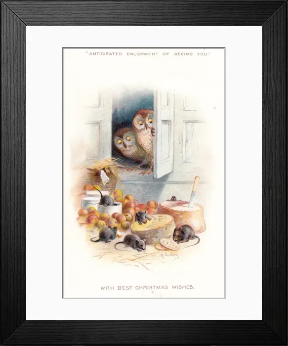Framed Print : Two owls watching mice on a Christmas card Framed Print : Two owls watching mice on a Christmas card
