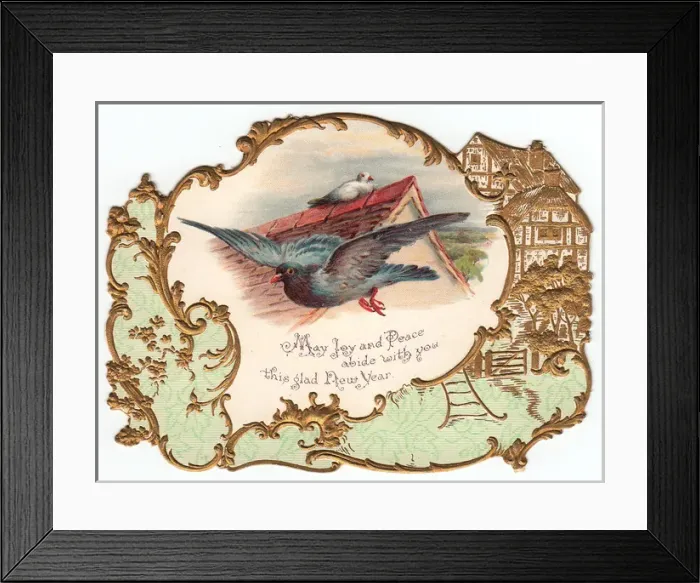 Framed Print : Pigeon and dove on a New Year card Framed Print : Pigeon and dove on a New Year card