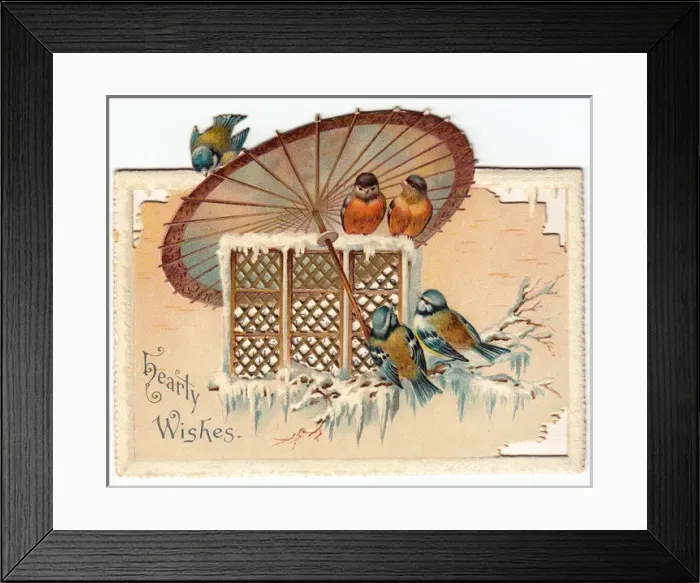 Framed Print : Five birds on an oriental style Christmas card Framed Print : Five birds on an oriental style Christmas card